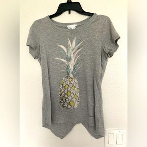 4/$25 Linnea Szymanski Grey Crewneck Pineapple Top with Crossed Back